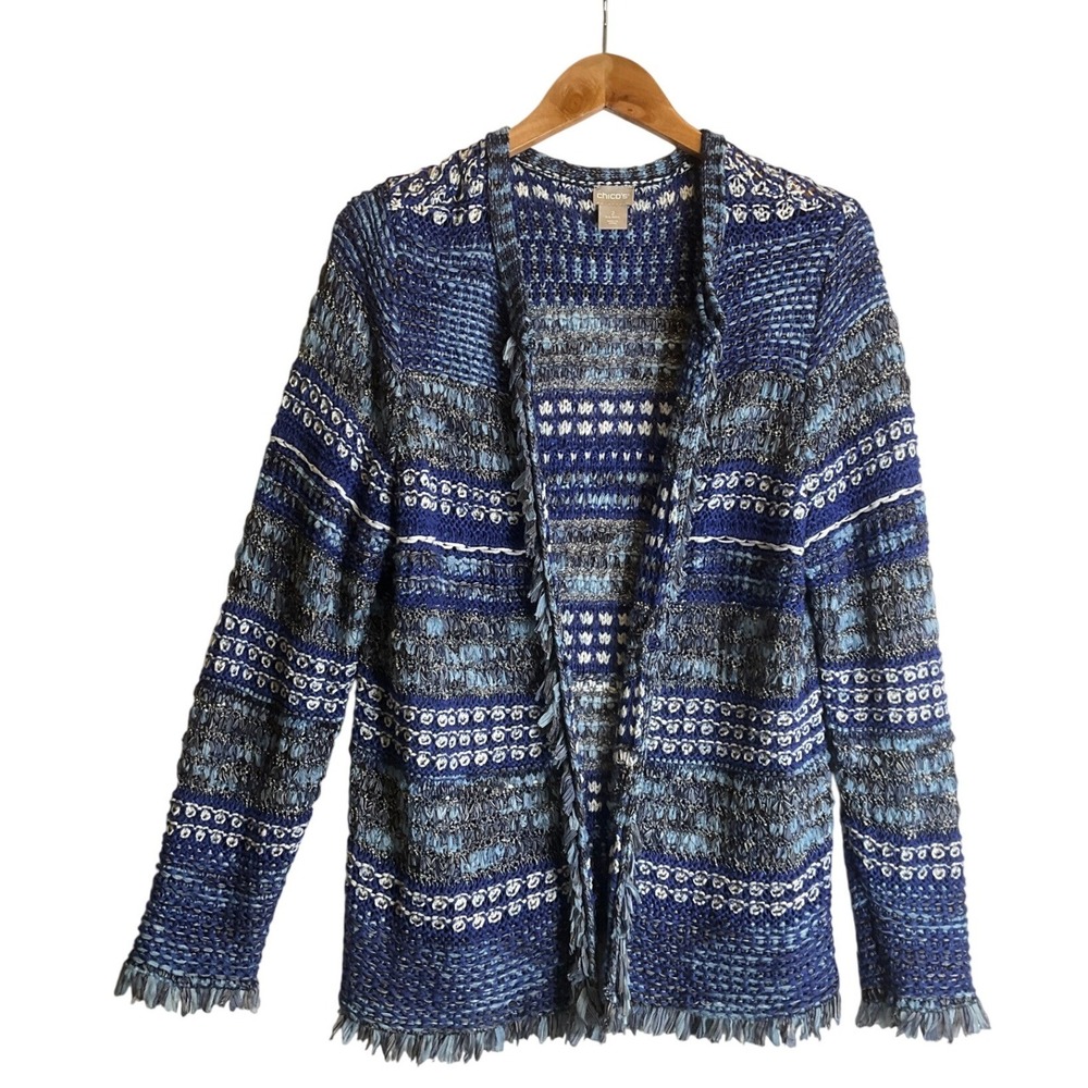 Chico's Blue Knit Textured Open Cardigan Blazer Fringe Career Western 2/L/12